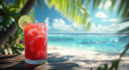 Obraz premium Refreshing tropical drink on a wooden table by the beach under bright sunny skies