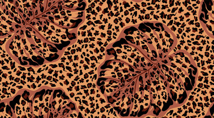 Hand drawn abstract pattern with leopards. Bohemian style collage contemporary seamless pattern. Fashionable template for design.