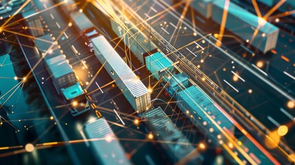 A dynamic aerial view of a bustling shipping yard interwoven with digital network lines, symbolizing modern logistics and connectivity.