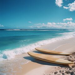 Obraz premium Aqua Serenity: Surfing Boards on a Vacant Beach at Dawn