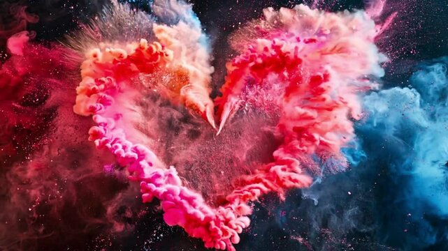 a heart shape amidst an explosion of vibrant red, pink, and blue colors, creating a dynamic and visually striking effect