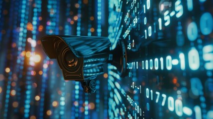 A sleek surveillance camera, set against a backdrop of cascading numbers, symbolizes advanced digital security and vigilance.