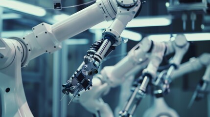 A close-up shot of robotic arms meticulously working on an assembly line in a futuristic factory, embodying precision, technology, and automation.