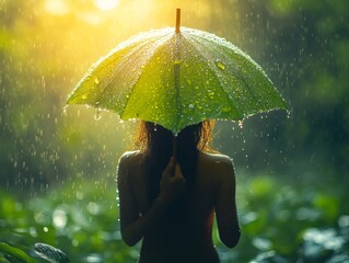 A person stands under a green umbrella in a lush and rainy forest, with raindrops decorating the umbrella and beams of sunlight casting a warm, serene glow.