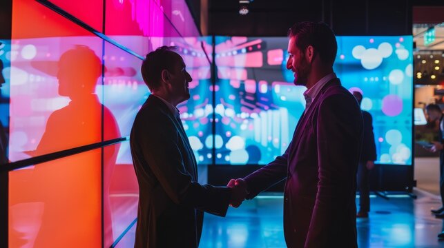Two business professionals shake hands in a modern setting with vivid, colorful digital screens in the background.