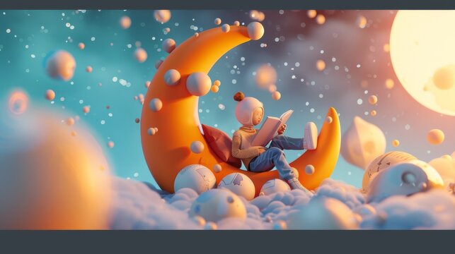 A whimsical scene of a character reading on a crescent moon surrounded by floating orbs, evoking fantasy, dreams, and a childlike wonder.