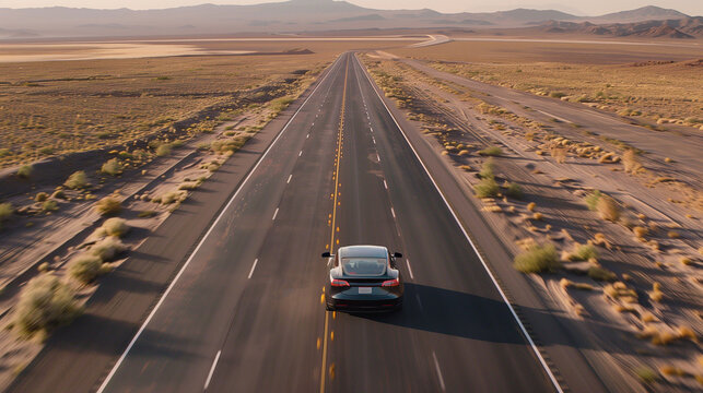 A car driving on an empty desert highway, captured from above with a drone camera. The scene is set in the American West and features a modern electric vehicle driving down one side of the road.