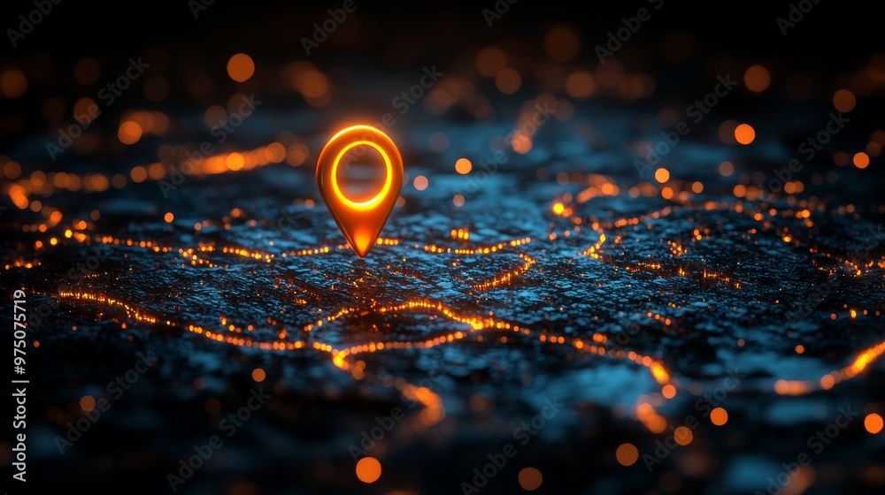 Poster glowing gps pin on digital map, night view. futuristic navigation and technology concept