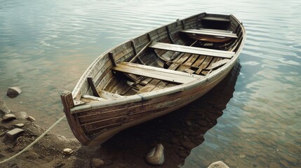 Obraz premium An old wooden rowboat rests on the calm waters near the shore, evoking a sense of nostalgia and tranquility.