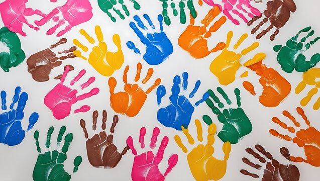 A dynamic pattern of colorful handprints on a white background, each unique in size and color. Suitable for children's art projects or creative designs.