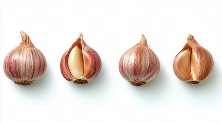 Fototapeta premium Fresh purple garlic bulbs arranged in a line against a clean white background