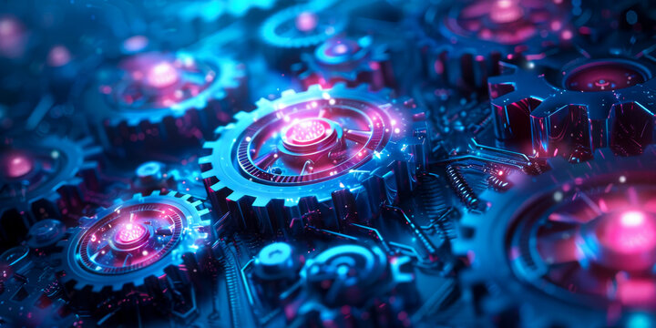 A dynamic technology abstract background featuring intricate gears and circuits illuminated with vibrant blue and pink lights, creating futuristic and energetic atmosphere
