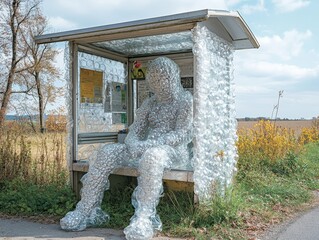 A life-sized figure made entirely of bubble wrap sits on a bench inside an old bus shelter located...