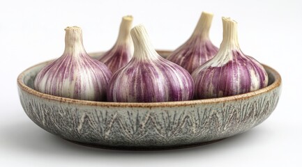 Obraz premium Fresh purple garlic bulbs arranged in a line against a clean white background