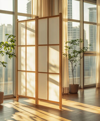 Korean room divider made of light wood and frosted glass, standing in a bright, modern apartment with floor-to-ceiling windows