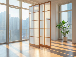 Korean room divider made of light wood and frosted glass, standing in a bright, modern apartment with floor-to-ceiling windows
