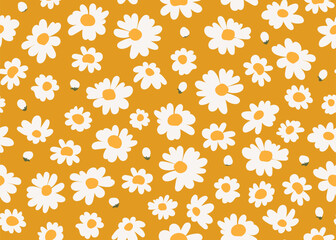 floral seamless vector pattern with daisies in simple hand drawn cartoon style. Bright palette, sunny orange background. Ideal for printing children's textiles, clothing, packaging
