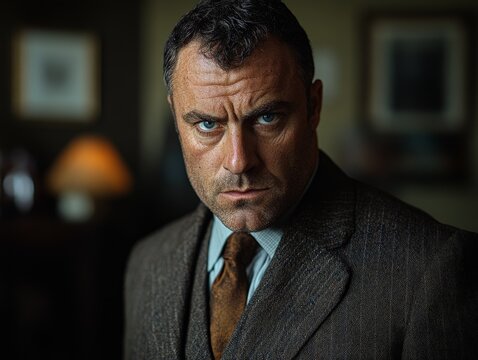A stern-looking gentleman in a classic tweed suit stands in a warmly lit room, capturing a vibe of seriousness and traditional elegance with a vintage touch.