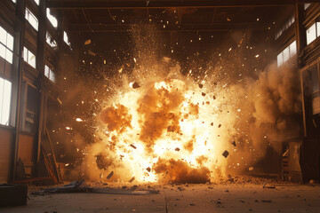 A powerful explosion engulfs an industrial warehouse, with intense flames and debris flying in all directions, capturing the energy and danger of the moment.