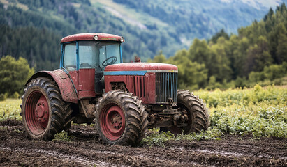 Fototapeta premium Rustic Red Tractor in Lush Green Countryside Field on a Cloudy Day
