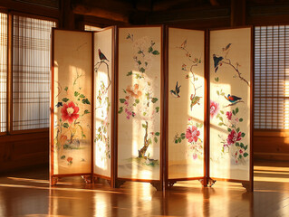 Chinese folding screen, decorated with delicate birds and cherry blossom branches, golden highlights, positioned in a softly lit study with antique wooden furniture