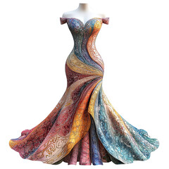 Obraz premium Elegant colorful evening gown with intricate patterns fashion design vibrant style transparent background