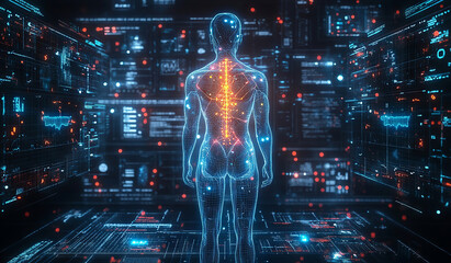 Fototapeta premium Futuristic AI Displays Surrounding Digital Human Anatomy Grid