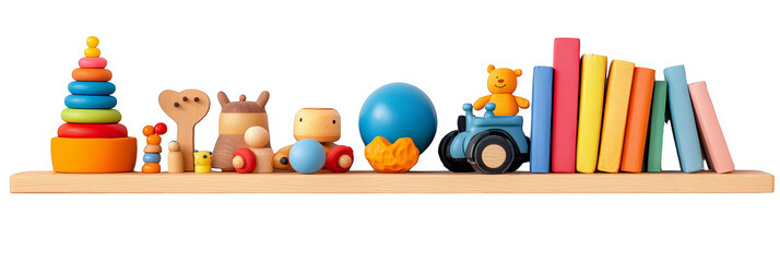 Colorful wooden toys lined up on shelf for educational playtime activities transparent background