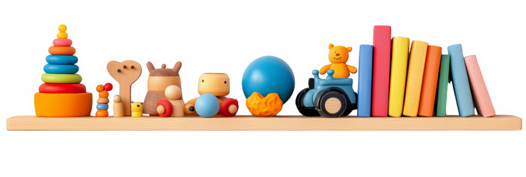 Colorful wooden toys lined up on shelf for educational playtime activities transparent background