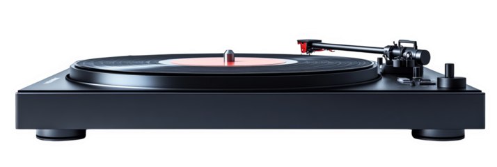 Black turntable with vinyl record spinning retro music equipment transparent background