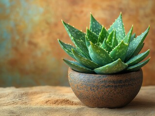 A lush green succulent showcased in a deep blue pot set against a warm-toned background. The image...