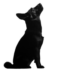 Black Labrador retriever sitting and looking up isolated on a transparent background