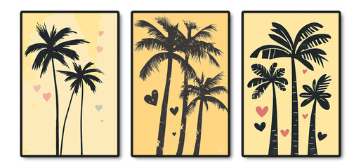 Obraz premium Tropical Palm Trees Yellow Black Wall Art Print Set with Hearts