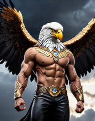 Fantasy depiction of a powerful eagle warrior adorned with intricate armor, showcasing a muscular physique against a dramatic sky backdrop. Perfect for concept art and fantasy themes.