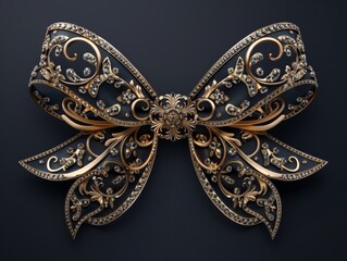 Fototapeta premium Elegant Gold and Diamond Ornate Bow Jewelry with Intricate Floral Design on Dark Background.