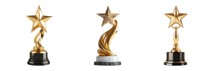 Collection of golden star trophies with unique designs for excellence awards isolated on transparent background