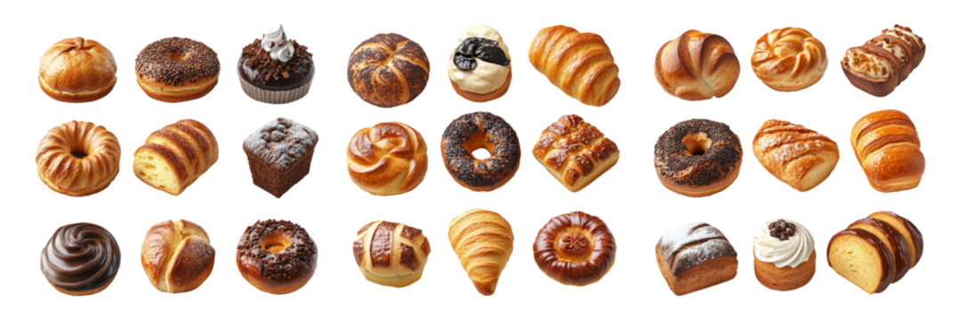 Collection of various types of pastries and bread rolls arranged in rows isolated on transparent background - Powered by Adobe