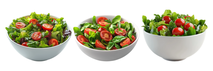 Bowls of fresh salad with cherry tomatoes and greens isolated on transparent background