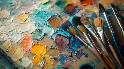 Fototapeta premium A colorful artist palette with brushes arranged neatly, showcasing vibrant paint colors and textures