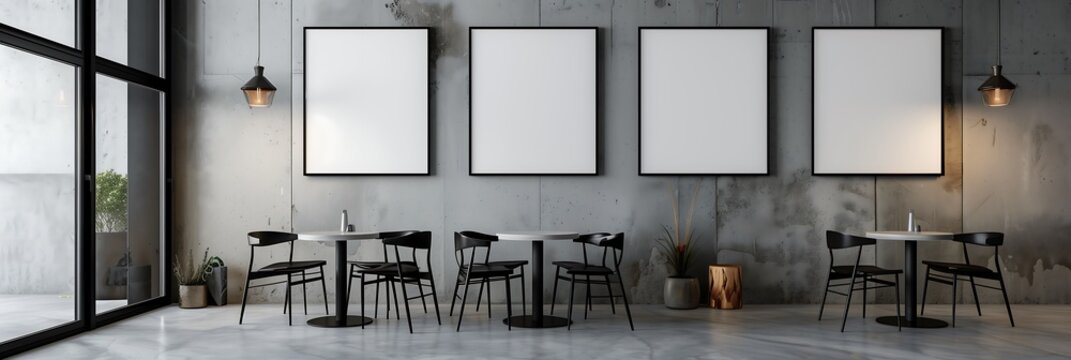 Modern Cafe Interior with Blank Frames, Concrete Wall and Black Chairs