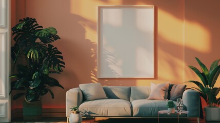 Minimalist living room interior design with sofa, plants, and blank canvas mockup