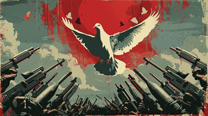 Watercolor illustration of flying dove on red abstract background surrounded by guns and destruction, International day of Non Violence. 2 October Non violence day conceptual banner