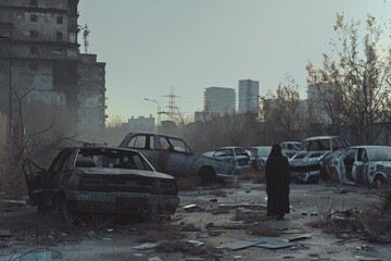 A lone figure in a cloak stands in an abandoned, dilapidated urban area filled with derelict cars, creating a hauntingly atmospheric scene.