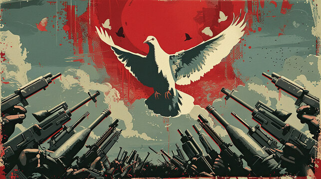 Watercolor illustration of flying dove on red abstract background surrounded by guns and destruction, International day of Non Violence. 2 October Non violence day conceptual banner