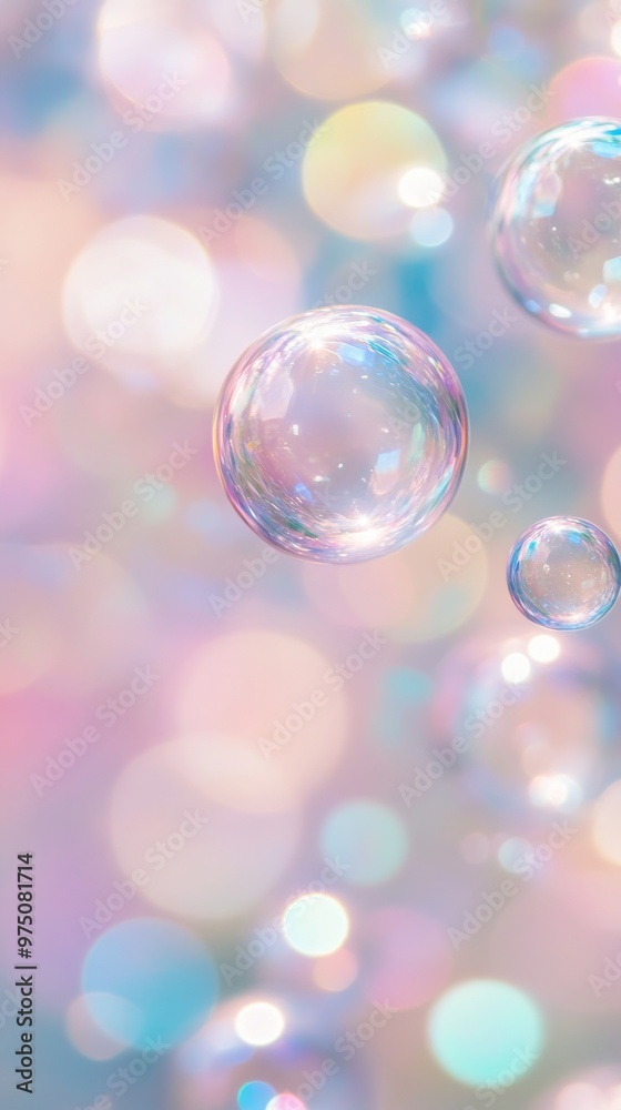Poster floating soap bubbles with pastel bokeh background, dreamy atmosphere. tranquility and serenity conc