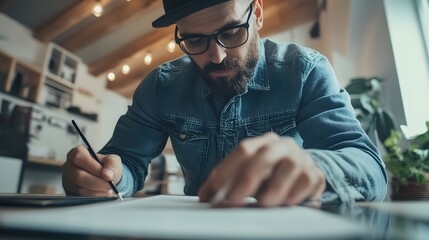 Obraz premium A bearded man wearing a black hat and glasses, writing on a piece of paper