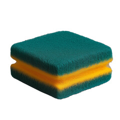 Dual-layer sponge with a green scouring pad and yellow absorbent layer isolated on a transparent background