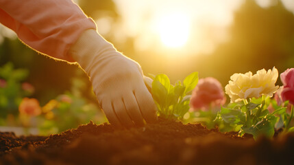Person Tending to a Garden with Gloves On | Gardening Care and Outdoor Plant Maintenance