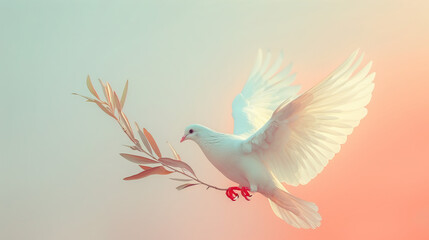 Fototapeta premium Watercolor illustration of flying dove with olive tree branch and space for text, on textured painted background, peace cards or banners, Bird of Peace and kindness
