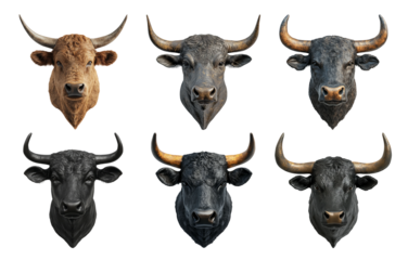 Bull head sculptures black and brown isolated on transparent background